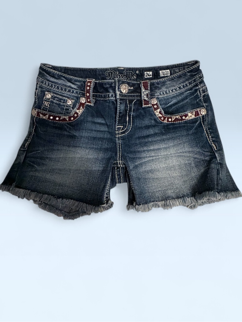 “MISS ME””Signature Dark Wash Denim Jean Shorts with Embellished Pockets - Blue - Picture 2 of 13